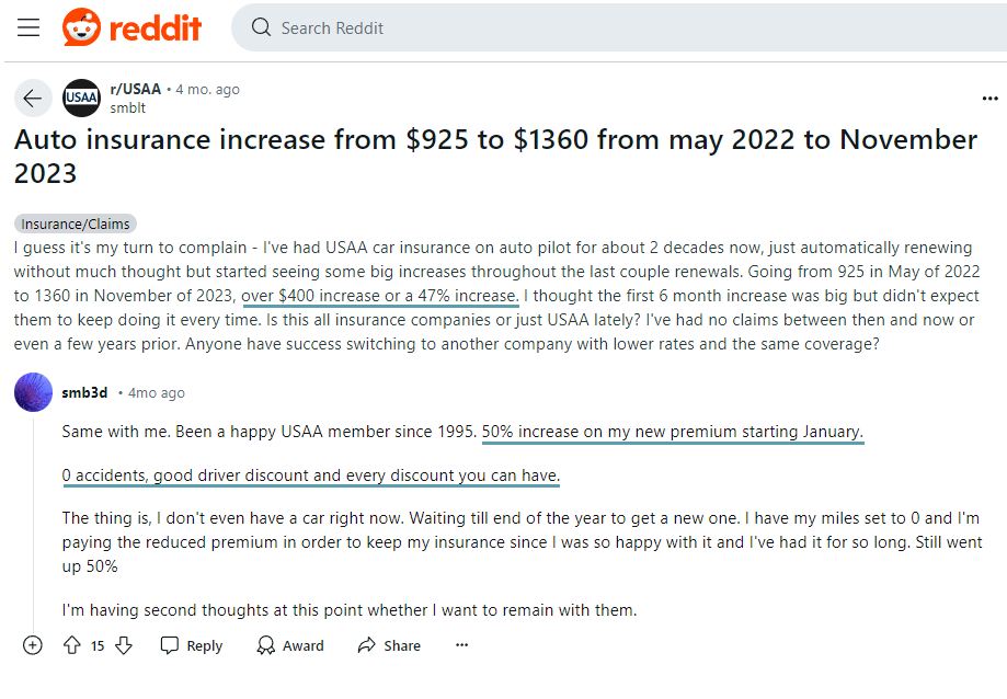 Will my car insurance rates increase if I file a claim with USAA?: Reddit Site Screenshot