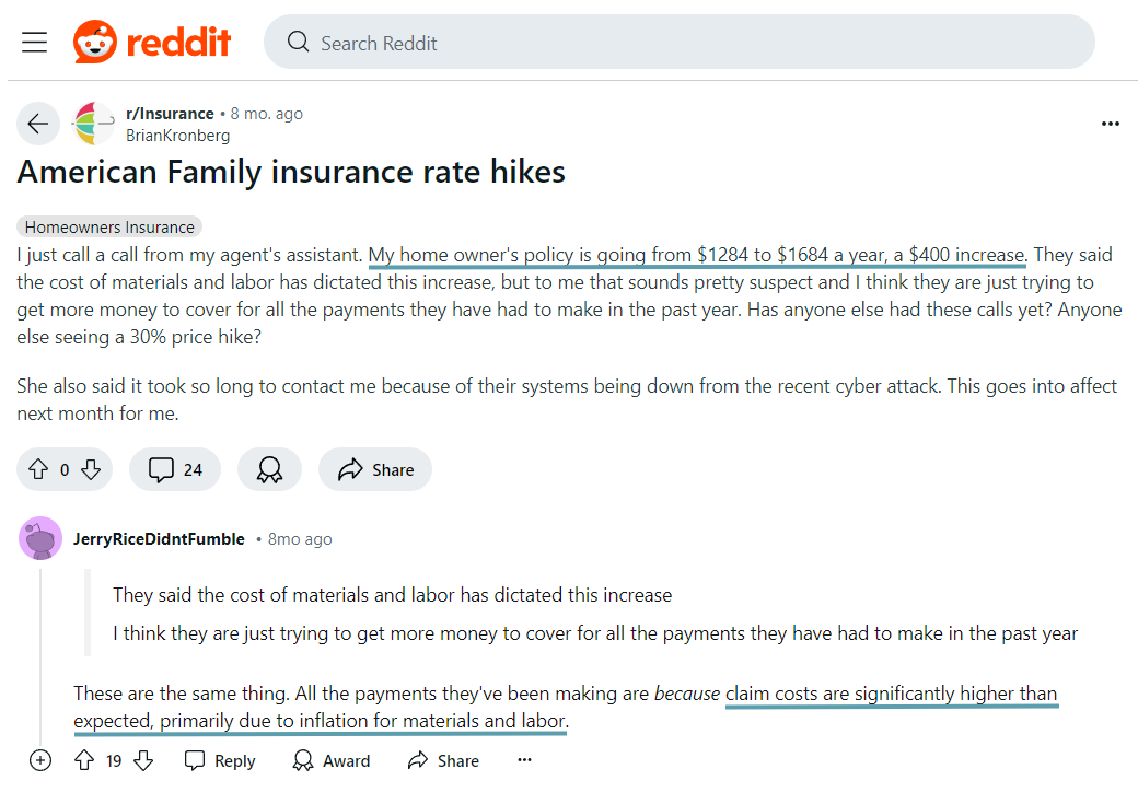 Will my car insurance rates increase if I file a claim with American Family?: Reddit Site Screenshot