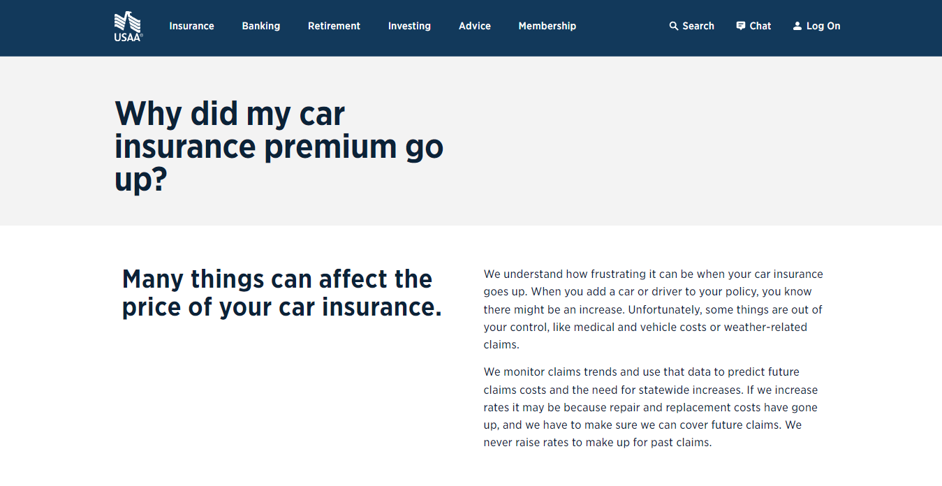 Will my car insurance rates increase if I file a claim with USAA?: USAA Site Screenshot